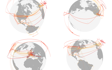 Four globes with travel lines, taken from interactive visualization about Dunham's global travel