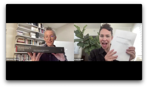 Kate and Harmony unbox the Dunham's Data print portfolio.